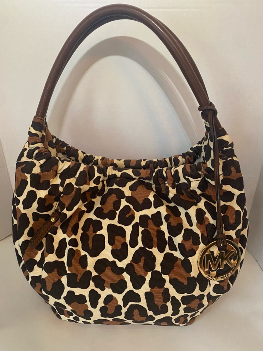Michael Kors Leopard Print Hobo in Brown and Cream with Gold Charm